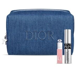 Dior Denim Blue Makeup Pouch with mini Lip gloss and mini Mascara 3pcs set